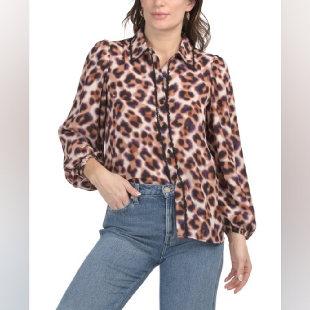 NWT - Zac & Rachel Animal Print Crochet Trim Button Front Blouse-Size L